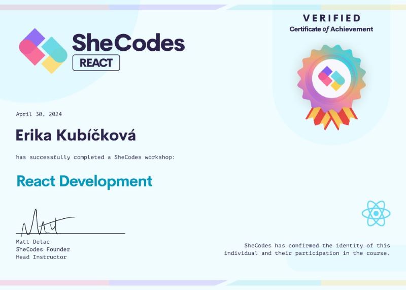 Certificate SheCodes React | Erika Kubíčková